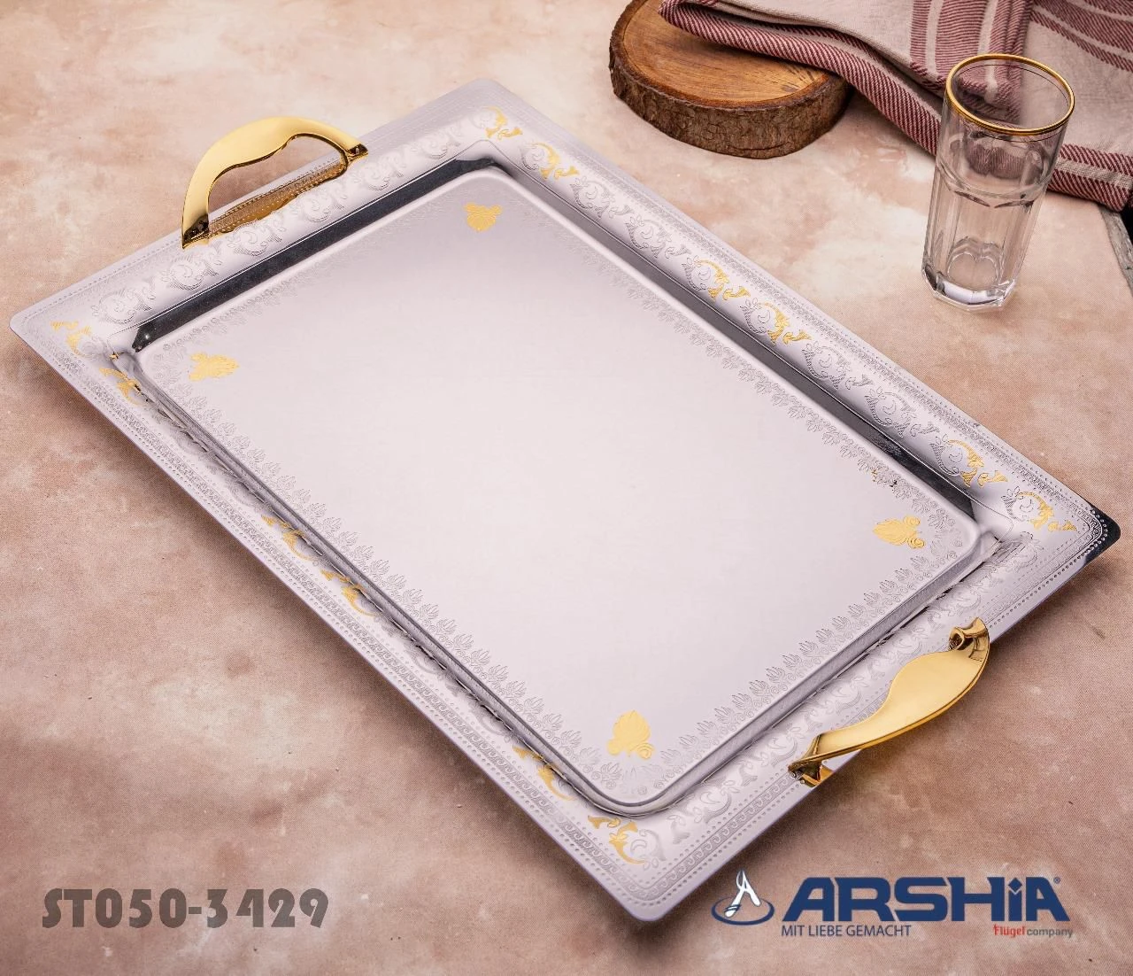 طقم صنيه تقديم استالس ارشيا دهبي مقاس كبير 40سم-منتجات ارشيا - مصر