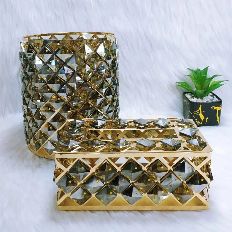 طقم باسكت وعلبه منديل كرستال مدهب-منتجات ارشيا - مصر